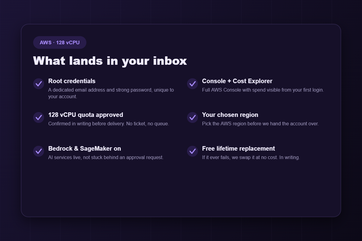 What you receive when you buy a verified AWS 128 vCPU account